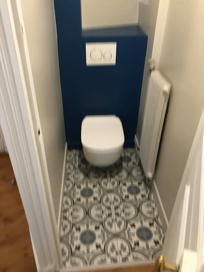 WC avec mur bleu nuit et carreaux de ciment